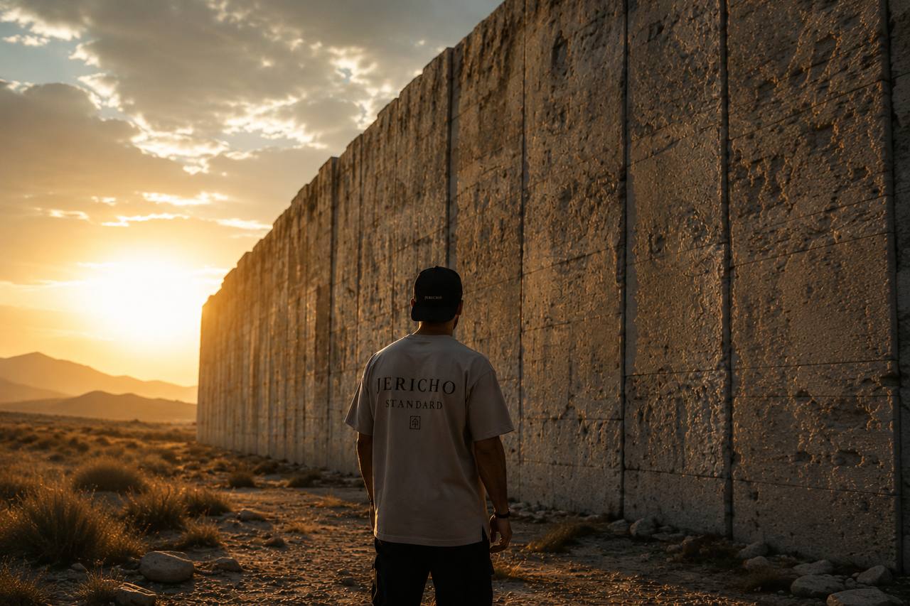 Man standing before an ancient stone wall at sunset wearing a Jericho Standard tee