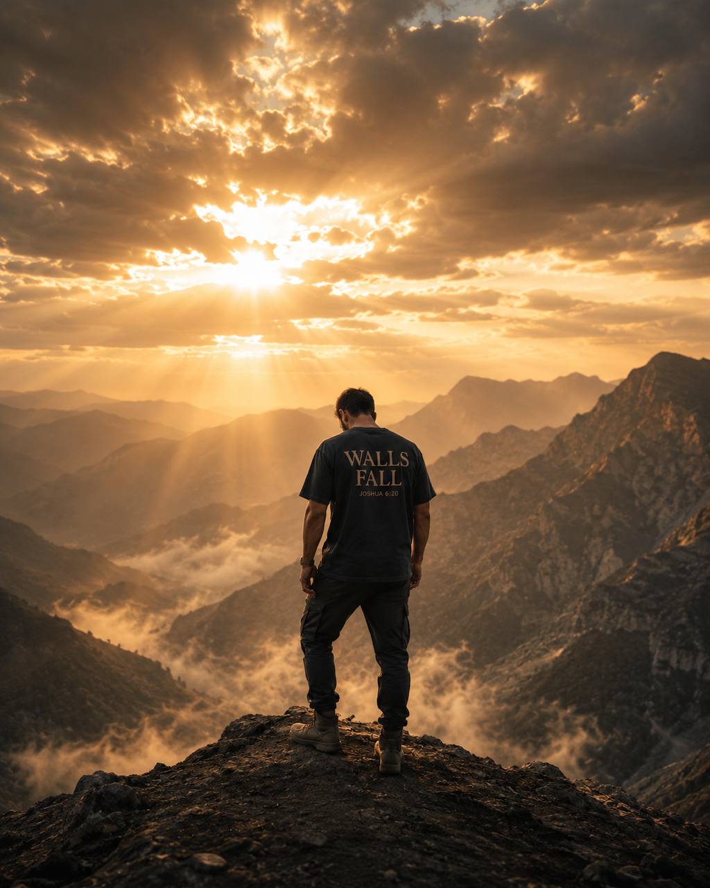 Man standing on a rocky mountain summit at golden sunset, wearing a Jericho Standard Walls Fall tee, sun rays breaking through dramatic clouds over a misty mountain range