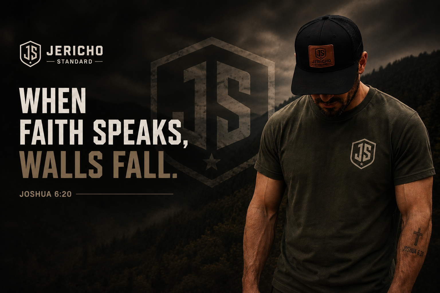 Man wearing Jericho Standard olive green tee and black JS snapback cap, stormy sky background. When Faith Speaks, Walls Fall. Joshua 6:20.